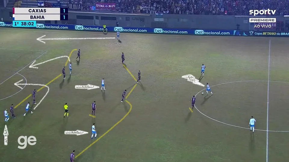 Caio Alexandre recebe e vê Cauly e Everton Ribeiro buscando o espaço na entrelinha. Jean Lucas se projeta pelo lado esquerdo. Foto: Reprodução / SPORTV / GE