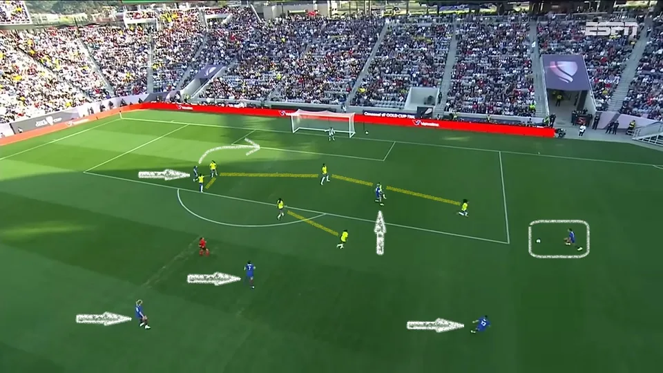 O Brasil apresentou as mesmas dificuldades de outras partidas nas bolas aéreas. A jogada do gol dos EUA já vinha sendo ensaiada. Foto: Reprodução / YouTube / ESPN Brasil