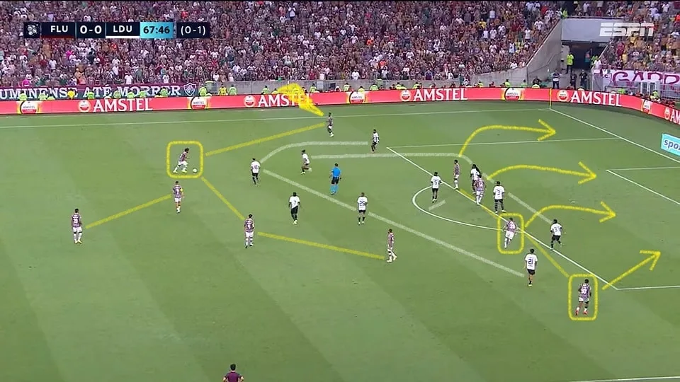 Douglas Costa, Marcelo e Renato Augusto entraram no segundo tempo e deram mais qualidade à linha de cinco atacantes do Fluminense. Foto: Reprodução / YouTube / ESPN Brasil