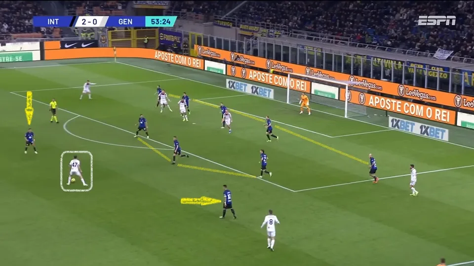 Alexis Sánchez e Lautaro Martínez baixam até a linha dos volantes e ajudam a fechar ainda mais os espaços na frente da área nerazzuri. Foto: Reprodução / YouTube / ESPN Brasil