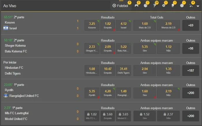 Apostas ao Vivo reprodução de tela do site da Vaidebet