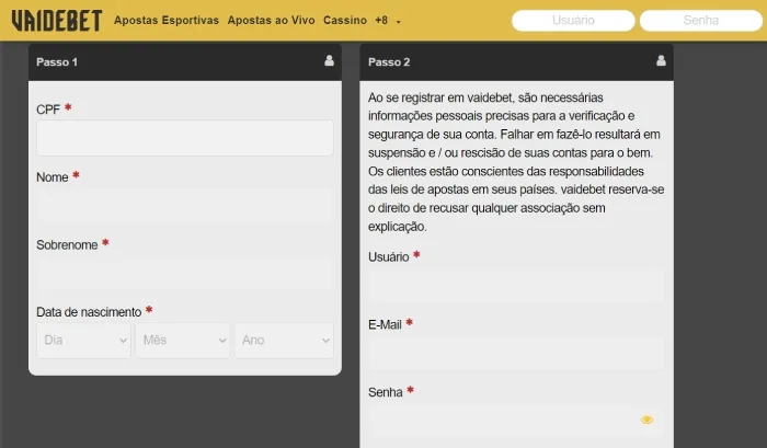 Processo de Registro na Vaidebet Vaidebet Cadastro