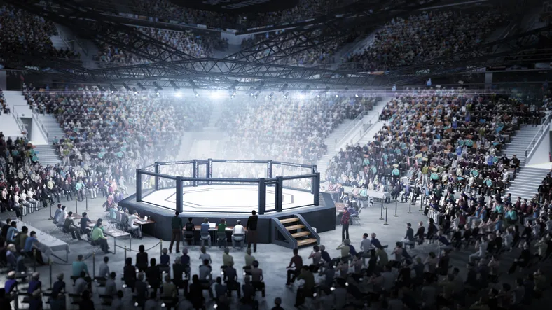 Octógono de MMA. Campeonato de Luta. Noite de jaula de MMA. 3D render MMA arena. Noite de luta. Vista da arena por holofotes. Tribuna cheia