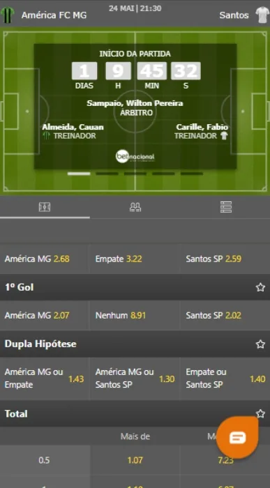 Captura de tela de apostas em futebol através da versão móvel do site Betnacional BR