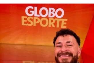 Na imagem, Fred Bruno visita o estúdio do Globo Esporte