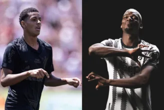 Denner, jogador do Corinthians, e Pogba, com a camisa da Juventus