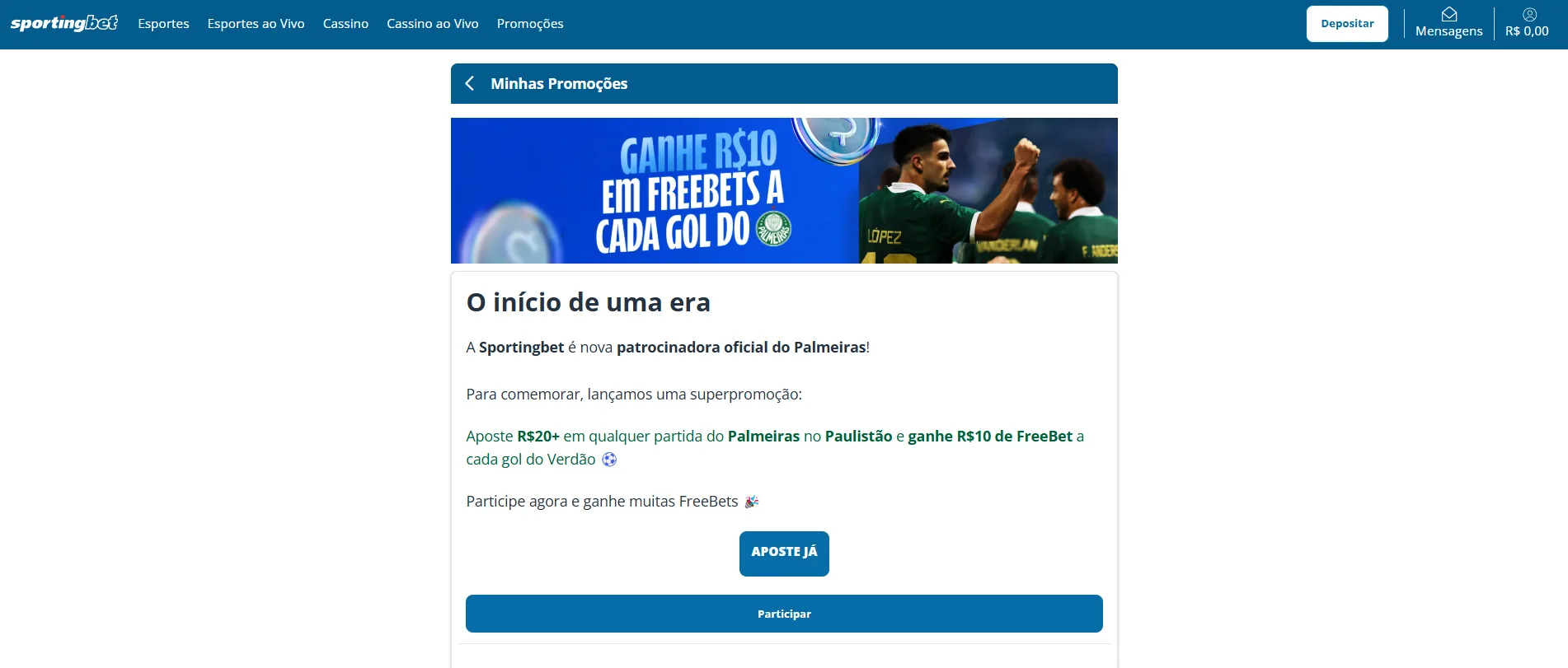 Promoção Sportingbet ganhe R$10 em FreeBets a cada gol do Palmeiras