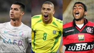 Cristiano Ronaldo no Al-Nassr, Ronaldo Fenômeno na seleção brasileira, e Romário no Flamengo (Al-Nassr /(Rafael Ribeiro / CBF/ CRF)