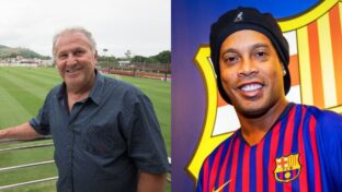 Zico e Ronaldinho Gaúcho, lendas do futebol brasileiro. Fotos: Alexandre Vidal/Flamengo e Divulgação - Barcelona