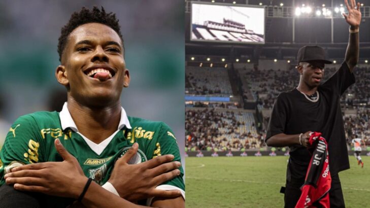 Estêvão, jogador do Palmeiras, e Vinicius Júnior, em despedida do Flamengo (Cesar Greco / Palmeiras / Paula Reis/Flamengo]