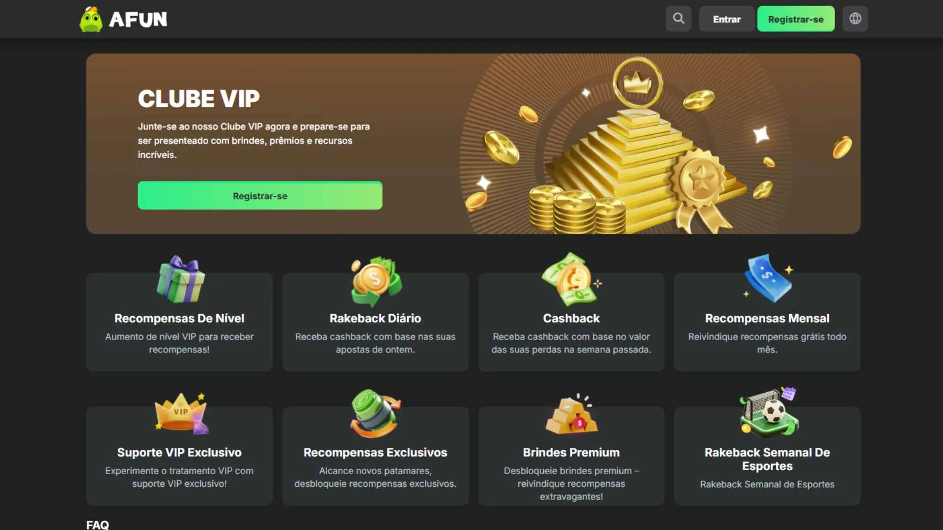 Captura de tela do site oficial da Afun mostrando as recompensas do Clube Vip da Afun.