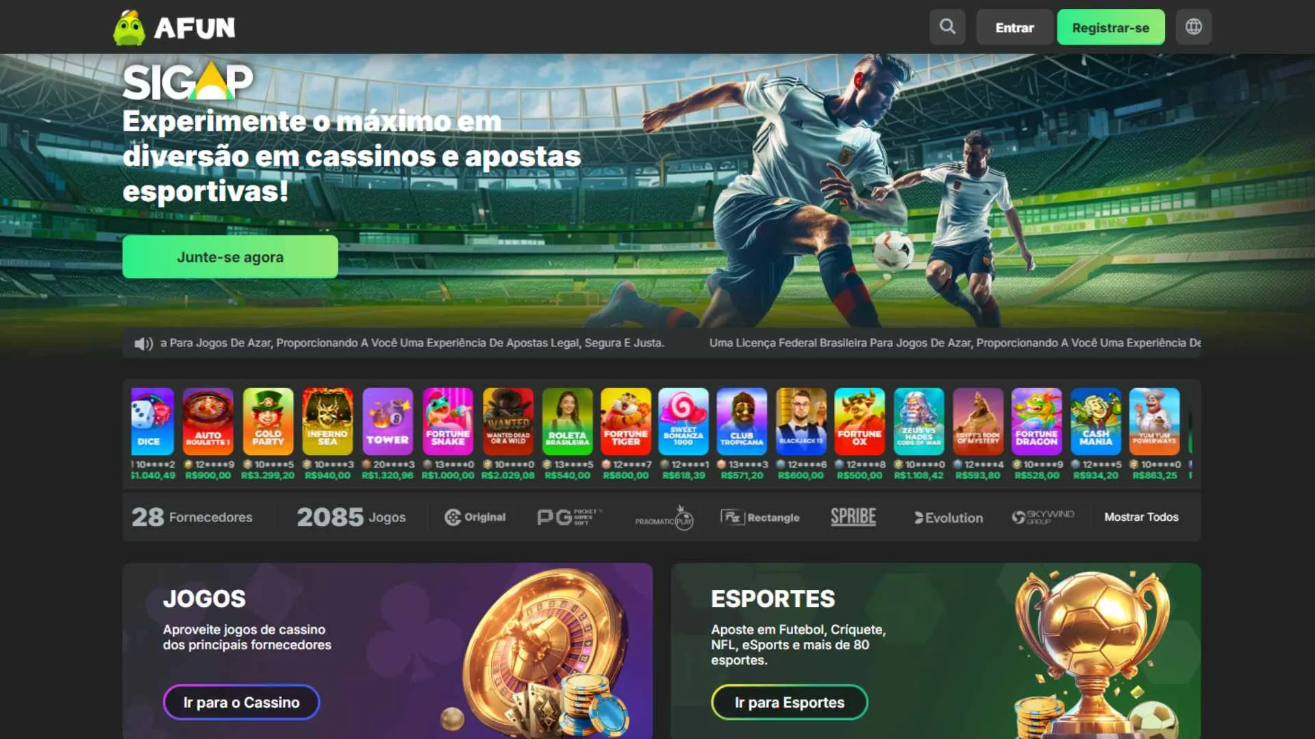 Captura de tela da página inicial do site da Afun mostrando opções de apostas.