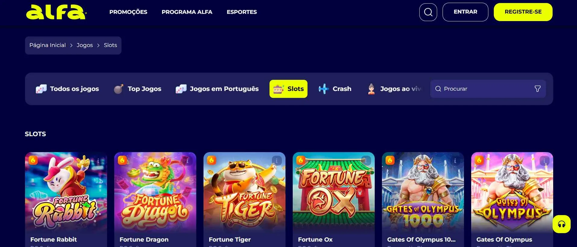 Captura de tela da página de cassino do site oficial da Alfa bet.