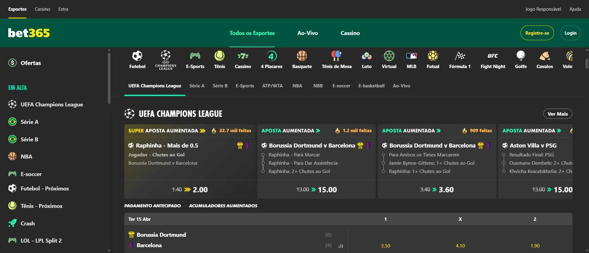 Captura de tela do site oficial da bet365 mostrando as opções de apostas disponíveis com Super Odds