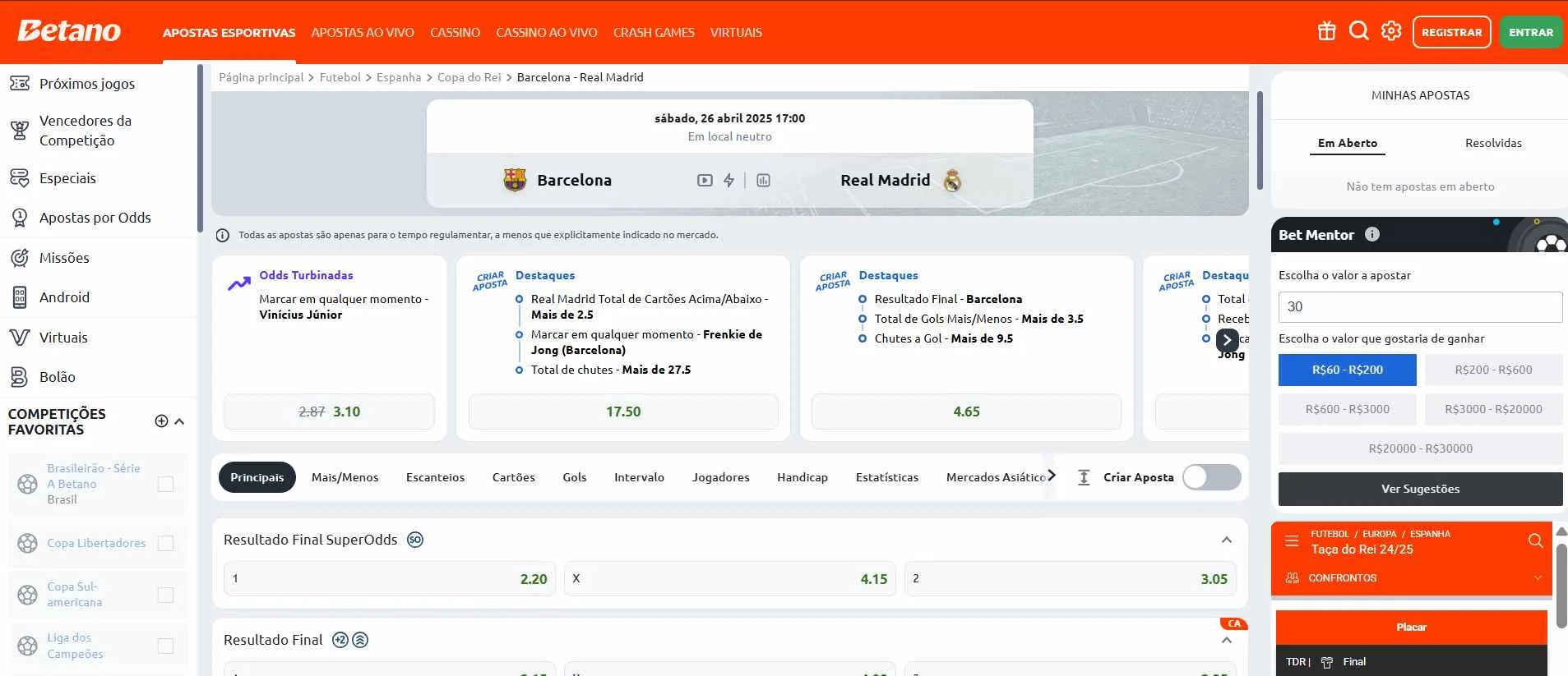 Captura de tela do site da Betano mostrando opções de apostas no jogo Barcelona x Real Madrid.
