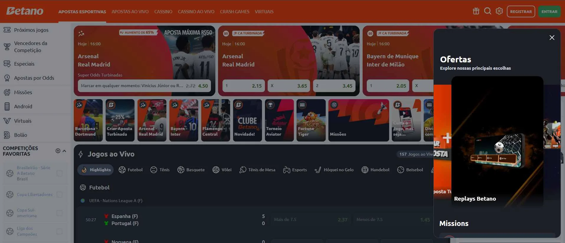 Captura de tela do site oficial da Betano mostrando a tela inicial e o menu de promoções no canto direito.