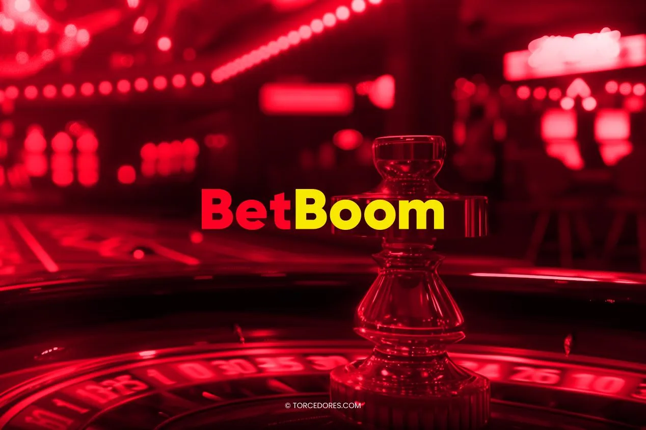 Imagem ilustrativa com uma roleta de cassino ao fundo em tons de vermelho. Em primeiro plano aparece a marca da BetBoom no centro.