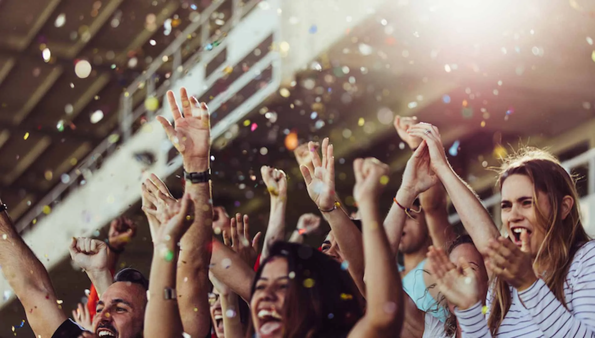 Torcedores na arquibancada de um estádio de futebol comemorando um gol.