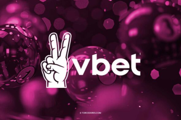 Imagem ilustrativa com bolas de bingo no plano de fundo em tons de rosa e preto. Em primeiro plano é exibida a marca da Vbet.