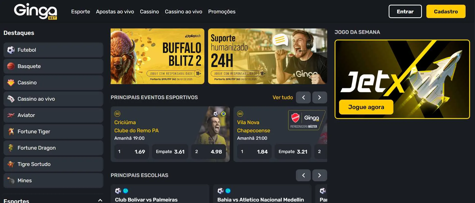 Captura de tela do site oficial da Gingabet mostrando as opções de apostas da página inicial.