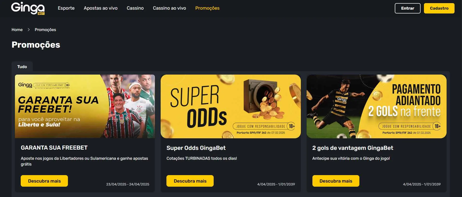 Captura de tela da página de promoções do site oficial da GingaBet mostrando as ofertas disponíveis.