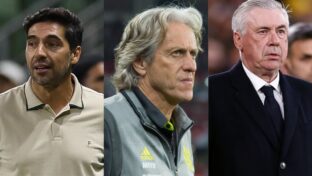 Jorge Jesus, Ancelotti e Abel Ferreira, treinadores cotados na seleção brasileira. Fotos: Divulgação/Flamengo, Palmeiras e Real Madrid