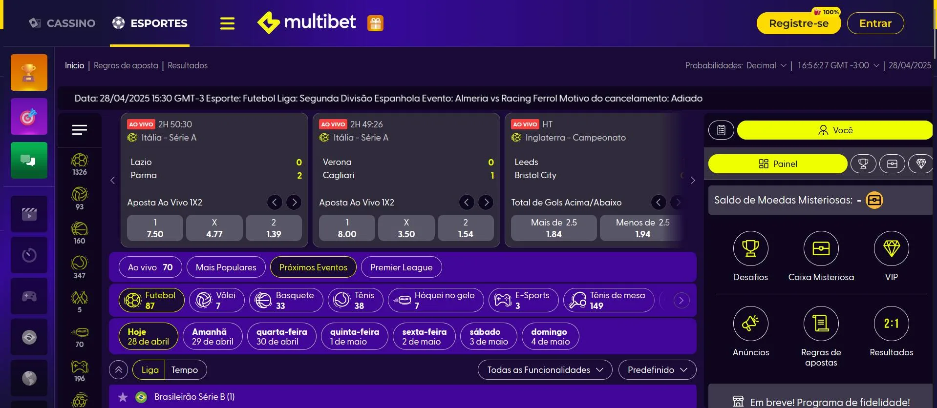 Captura de tela do site oficial da Multibet na página inicial de apostas esportivas.