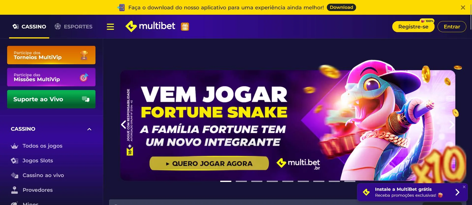 Captura de tela do site oficial da Multibet indicando o local onde começa o processo de download do app.