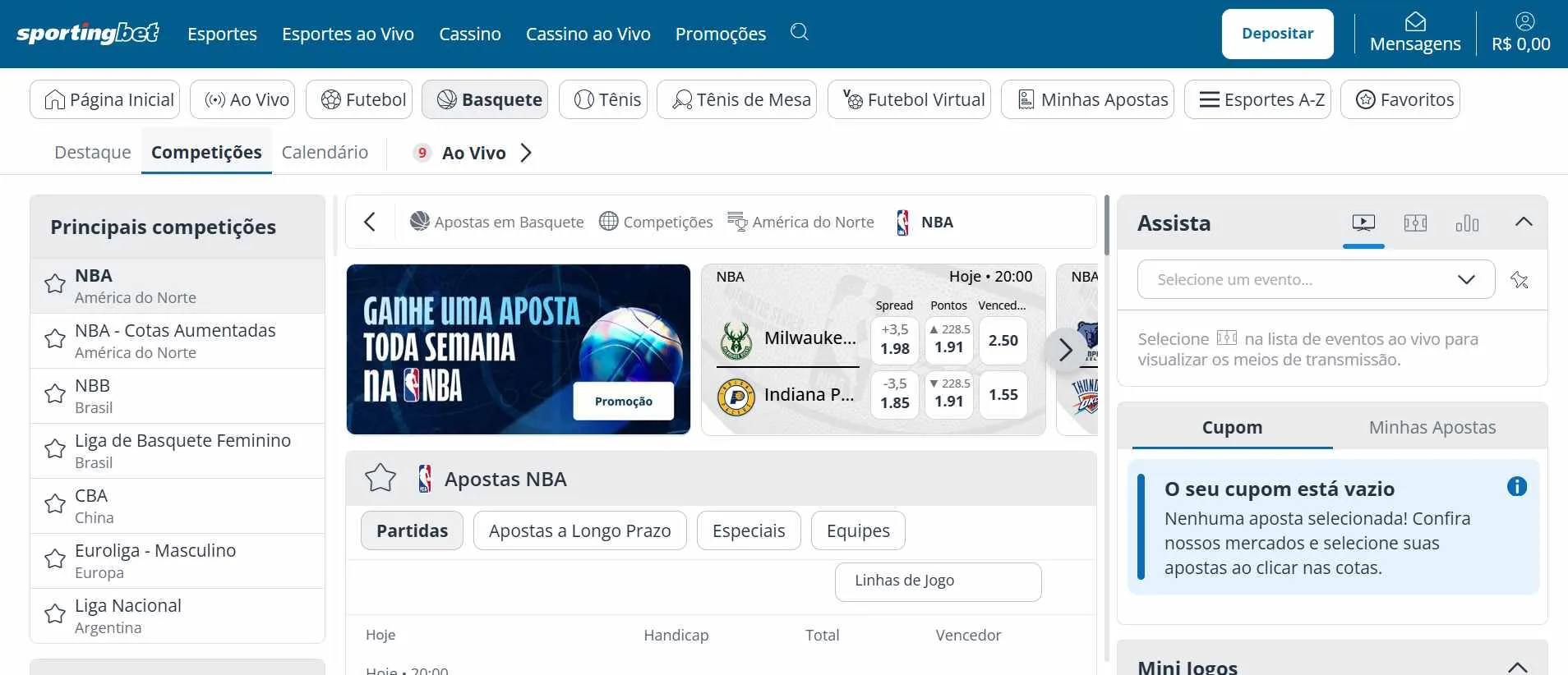 Captura de tela da página de apostas na NBA no site da Sportingbet.