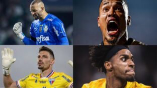 Weverton, John, João Ricardo e Hugo Souza, goleiros do Palmeiras, Botafogo, Fortaleza e Corinthians, respectivamente (x Oficial Palmeiras / X oficial Botafogo / X oficial Fortaleza / X oficial Corinthians)