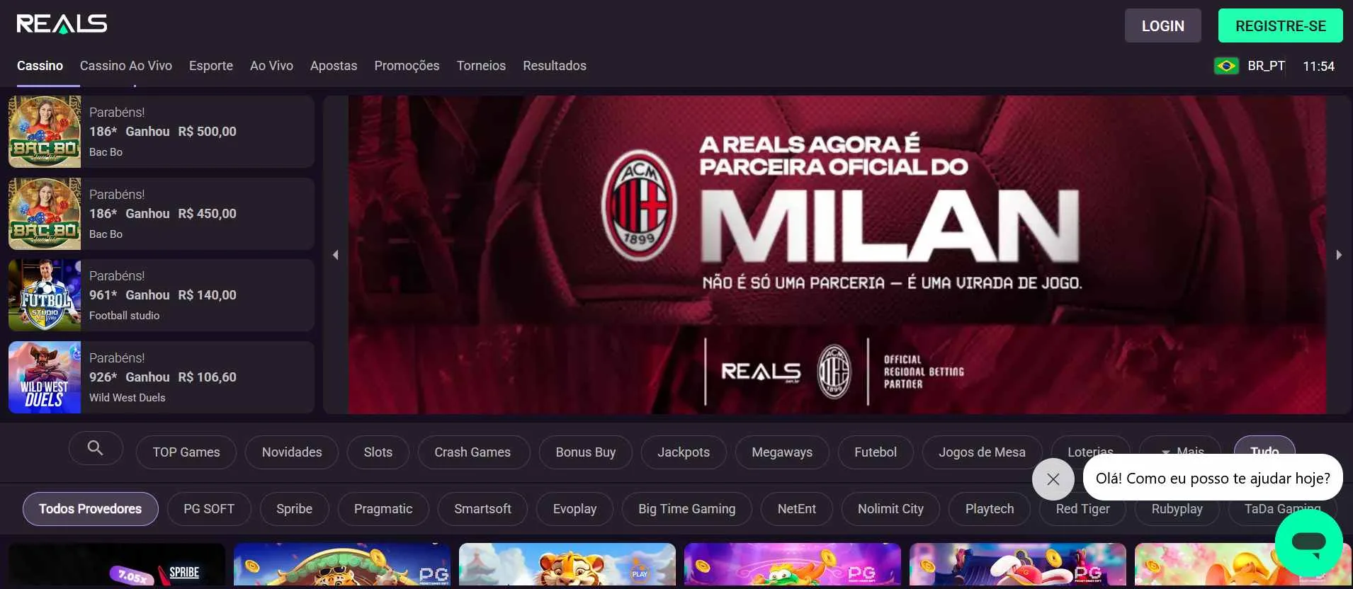 Captura de tela do site oficial da Reals Bet mostrando a página inicial com as opções de mercados de apostas.