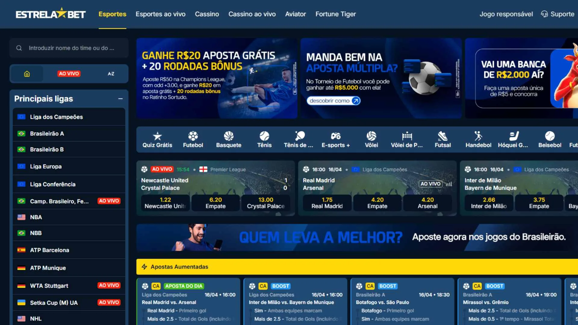 Captura de tela do site oficial da EstrelaBet mostrando a página de apostas em futebol.