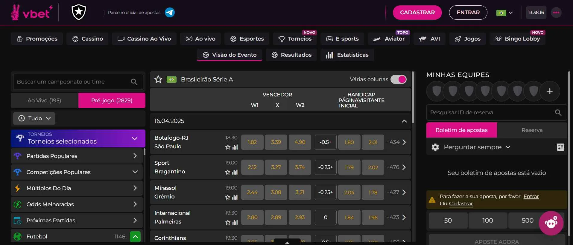 Captura de tela da página de esportes do site da Vbet.