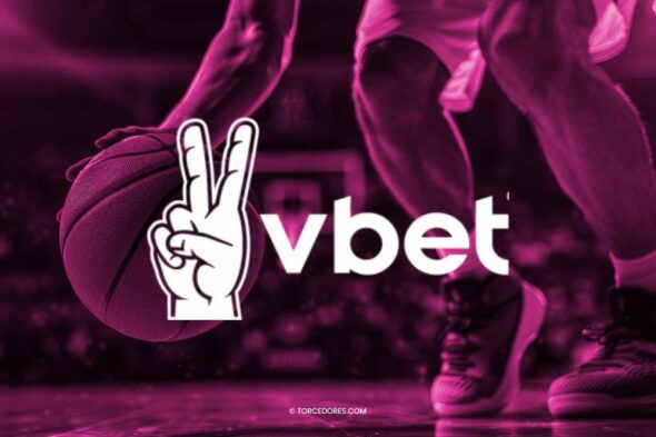 Imagem ilustrativa com um jogador de basquete no plano de fundo. A imagem de fundo tem tons de rosa e preto. Em primeiro plano, no centro da imagem, é exibida a marca da Vbet.