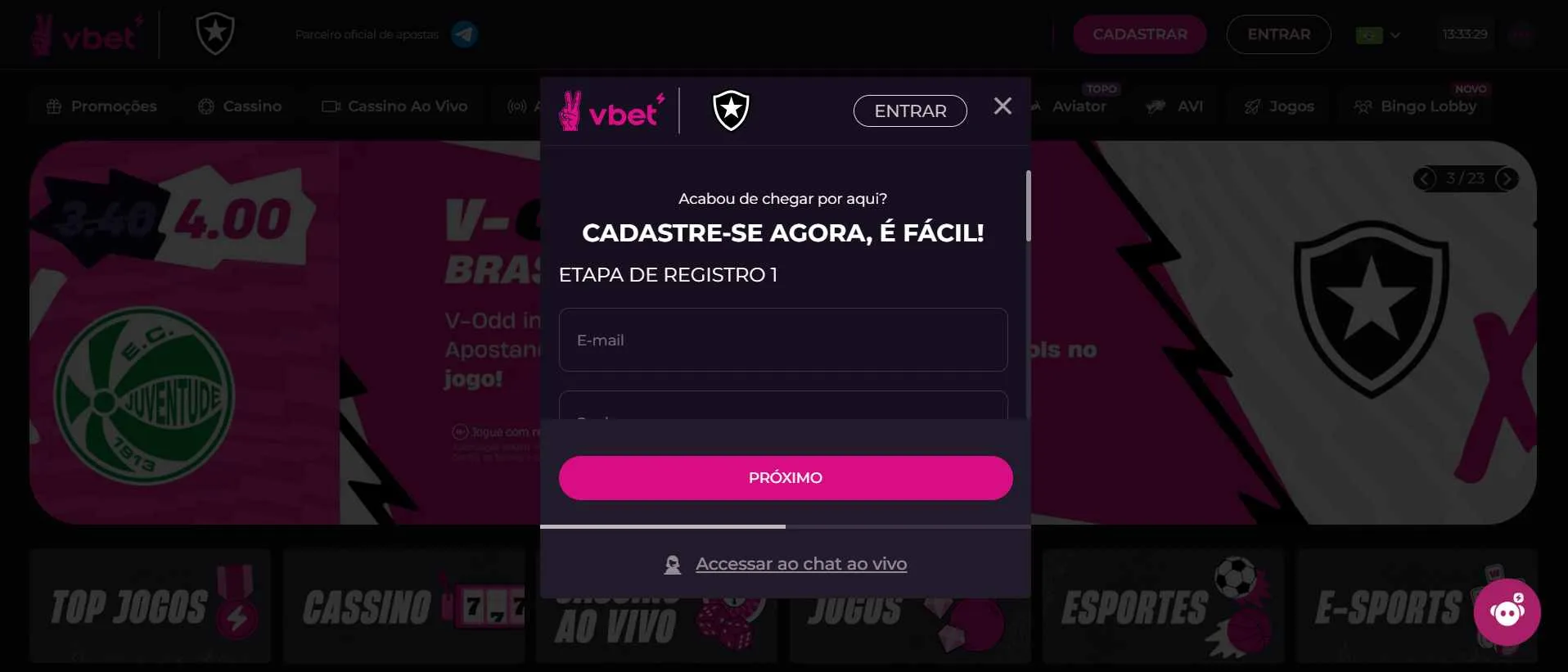 Captura de tela do site oficial da Vbet com a tela de cadastro.