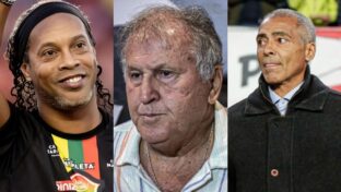 Zico, Ronaldinho Gaúcho e Romário, lendas do futebol brasileiro. Foto: Divulgação