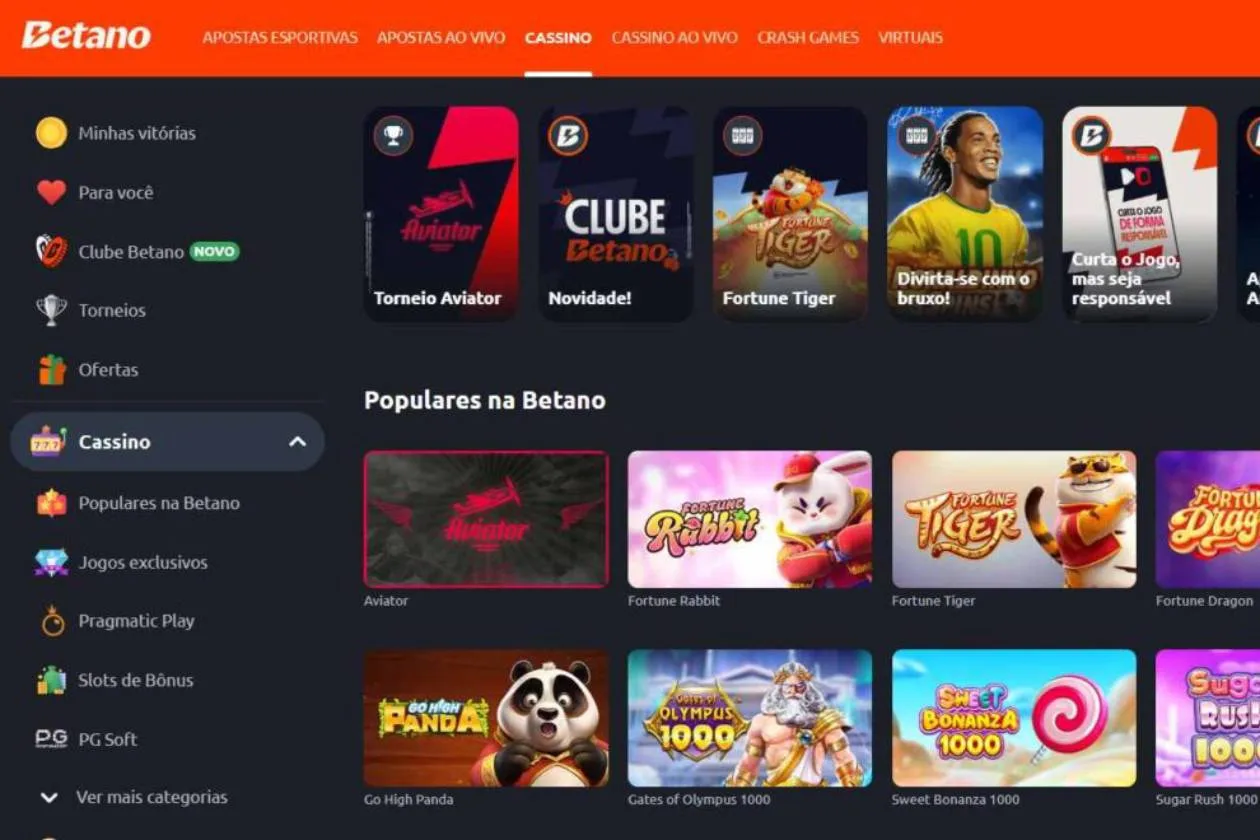 Captura de tela do site oficial da Betano na seção de jogos de cassino.