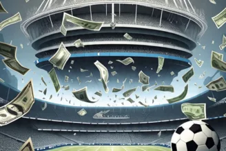 Estádio de futebol com bola e notas caindo