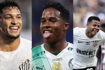 Marcos Leonardo, Endrick e Wesley com as camisas de Santos, Palmeiras e Corinthians, respectivamente