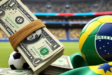 Notas de dólar, com bola de futebol e bandeira do Brasil