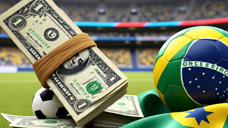 Notas de dólar, com bola de futebol e bandeira do Brasil