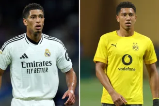 Jude e Jobe Bellingham com as camisas de Real Madrid e Borussia Dortmund, respectivamente