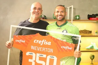 Marcos ao lado de Weverton no Palmeiras Cast.