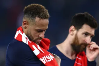 Neymar e Messi, em jogo do SG na Champions League