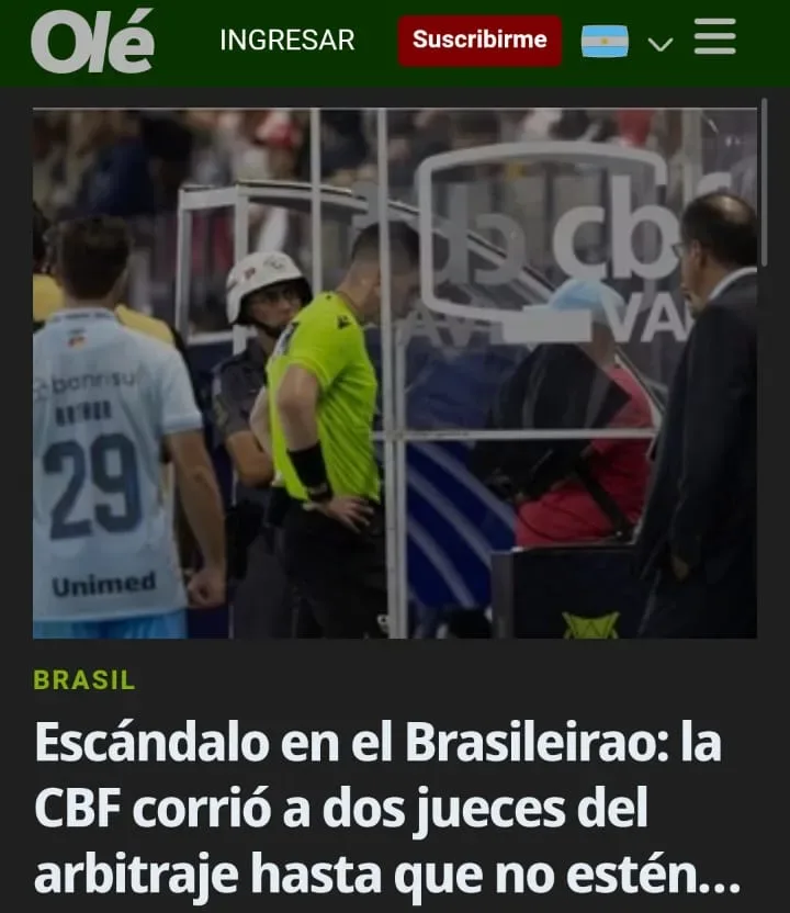 Jornal argentino Olé repercute erros de árbitros: “Escândalo no Brasileirão”