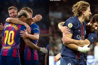 Jogadores de Barcelona e PSG