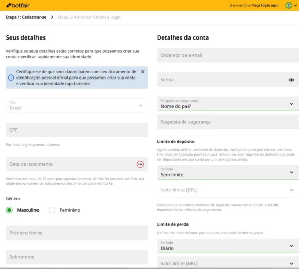 Betfair cadastro